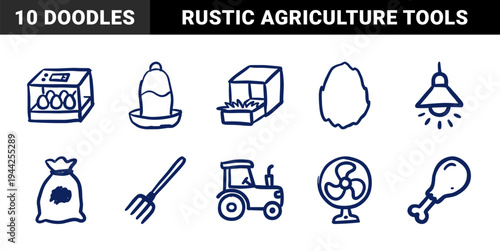 Hand-drawn poultry farming and agriculture elements for organic brand identity. Rustic, naive marker sketch illustrations of chicken coop equipment.