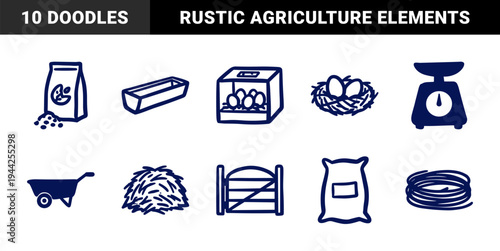 Hand-drawn farm and poultry equipment elements with rustic marker sketch aesthetic for organic agriculture branding and gardening designs.