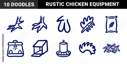 Poultry farming and chicken coop equipment for rustic agricultural branding. Naive hand-drawn marker sketches of nesting boxes, feeders, and avian anatomy.