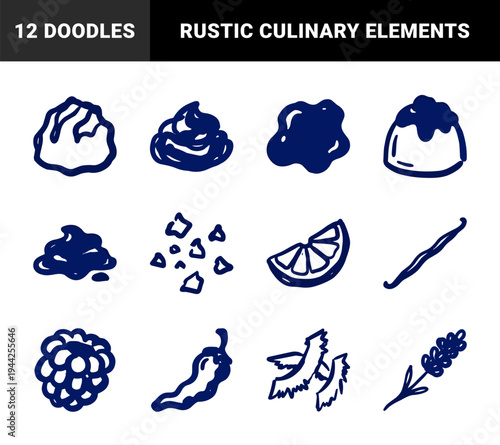 Hand-drawn gourmet food ingredients and sweet treats for organic culinary branding. Naive marker sketch featuring citrus, honeycomb, and spices.