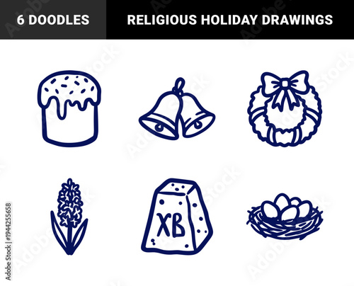 Orthodox Easter traditional elements in a naive doodle marker sketch style for festive branding. Hand-drawn blue ink kulich, paskha, and bells.