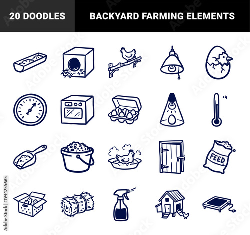 Chicken farming and egg incubation equipment for backyard poultry care branding. Rustic naive hand-drawn doodle illustrations of farm life.