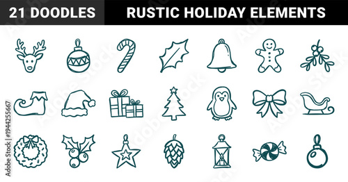 Festive Christmas holiday doodles for seasonal branding. Rustic hand-drawn winter celebration elements featuring reindeer and ornaments.
