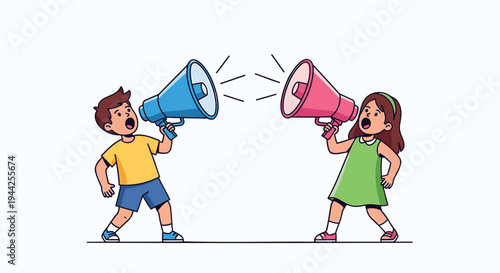 Two children shouting through colorful megaphones