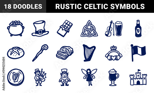 Irish folklore and St. Patrick's Day celebration doodles for branding. Naive hand-drawn marker sketches with leprechauns and celtic symbols.