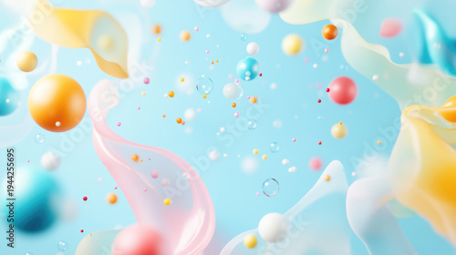 Colorful floating spheres and bubbles on soft blue abstract background with flowing organic shapes