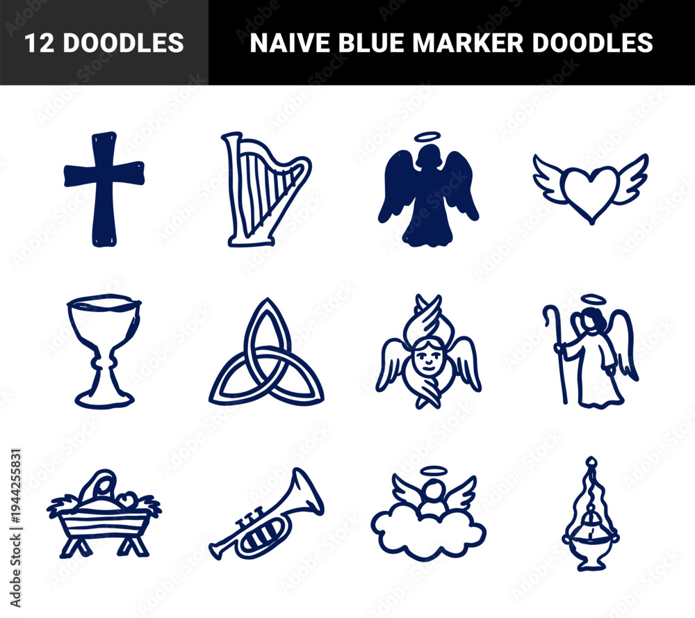 Obraz premium Christian religious elements for spiritual branding. Naive blue marker sketch illustrations of angels, cross, and nativity in a rustic doodle style.