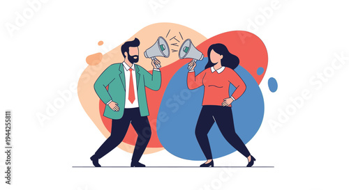 Illustration of a man and woman arguing with megaphones in a colorful setting