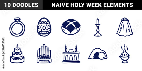 Easter resurrection and wedding celebration doodles for organic branding. Rustic, naive marker sketch illustrations featuring holy week concepts.