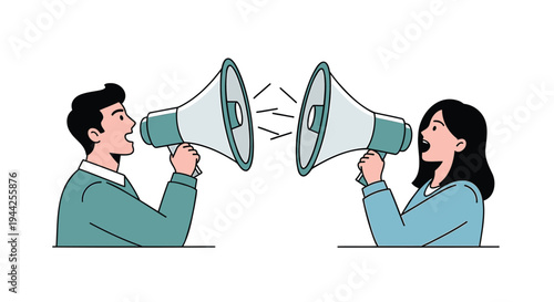 Cartoon illustration of a man and woman shouting through megaphones