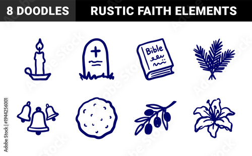 Christian faith and mourning symbols for church branding or funeral stationery. Rustic blue marker sketches featuring bible, cross, and lily.