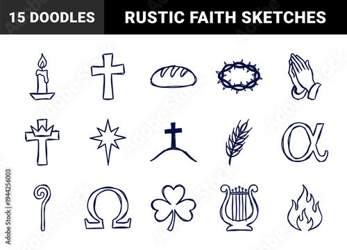 Christian faith symbols in a naive navy ink doodle style. Rustic hand-drawn sketches featuring cross, praying hands, and biblical church motifs.
