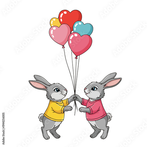 Two Cartoon Rabbits Holding Heart Balloons.