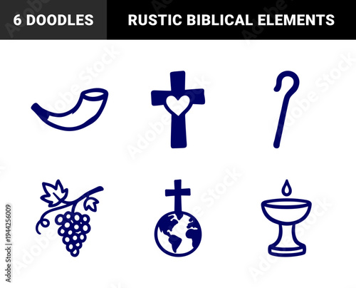 Christian religious symbols and biblical elements for spiritual branding. Rustic naive marker sketch featuring faith, worship, and scripture.