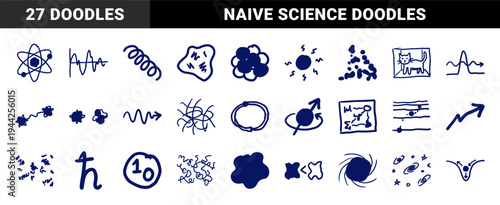 Quantum physics and theoretical science concepts for educational branding. Naive marker doodles of atoms, black holes, and schrodinger cat.