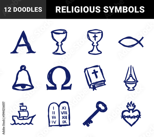 Blue hand-drawn Christian symbols for church branding. Naive marker sketch illustrations featuring bible, chalice, fish, and sacred heart.