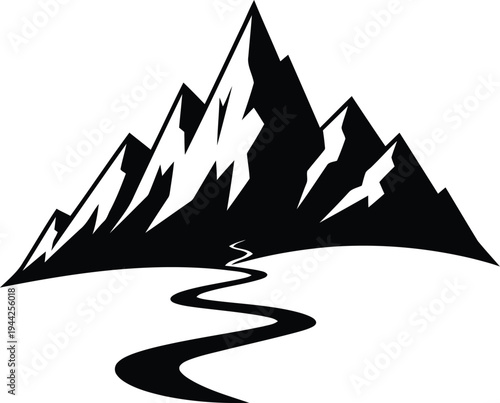 Black outline coloring book Black and white mountain range with winding river graphic