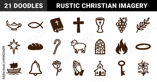 Christian religious symbols for spiritual branding. Rustic naive marker sketch illustrations featuring faith and sacred theology concepts.