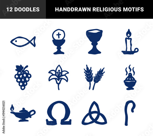 Hand-drawn Christian liturgical symbols for religious branding and church events. Naive marker sketches of communion, faith, and spiritual grace.
