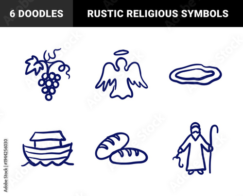 Biblical story elements and religious symbols in a naive blue marker sketch style for church education and rustic spiritual branding.