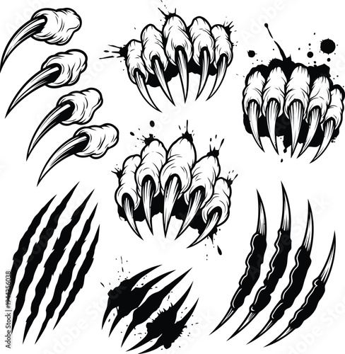 Black outline coloring book Black Claw Marks and Scratches with Ink Splatters