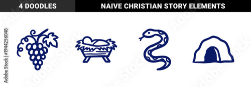 Biblical story symbols for religious education. Rustic hand-drawn naive marker doodles featuring nativity manger, snake, grapes, and tomb.