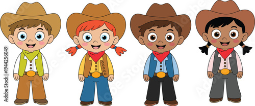 Cartoon illustration of cheerful children dressed in cowboy and cowgirl outfits with hats, vests, belts, and neckerchiefs, representing playful western theme for kids’ design concepts.