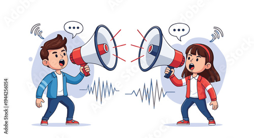 Cartoon illustration of a man and woman arguing with megaphones