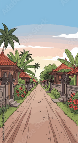Tropical Village Street with Dirt Road Houses.