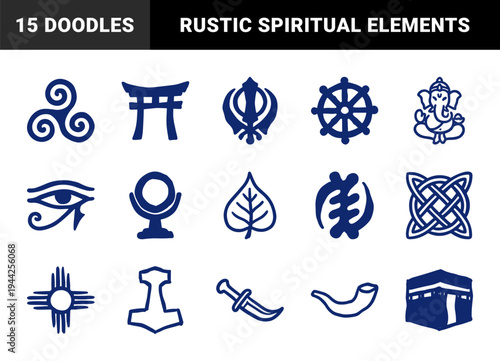Religious and spiritual symbols for cultural brand identity. Rustic naive marker sketch illustrations featuring diverse world faith concepts.