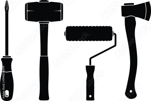 Black outline coloring book Black silhouette of construction and D I Y tools on white background