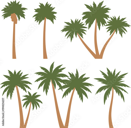 Collection of stylized palm trees in various arrangements Black outline coloring book