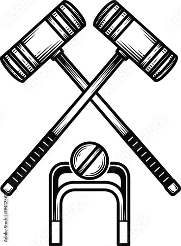 Crossed mallets and a prohibition symbol Black outline coloring book