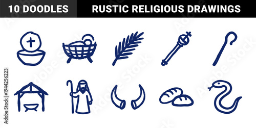 Biblical story elements and religious symbols for organic brand identity. Rustic, naive marker sketch illustrations featuring nativity, easter, and christian concepts.
