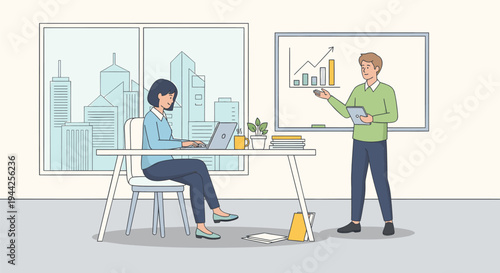 Two colleagues collaborating in office setting with laptop and presentation