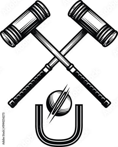 Crossed mallets and croquet ball emblem Black outline coloring book