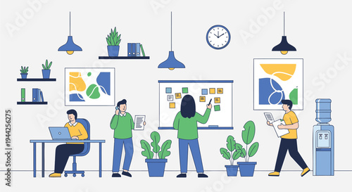 Illustration of people working in an office with plants and colorful decor
