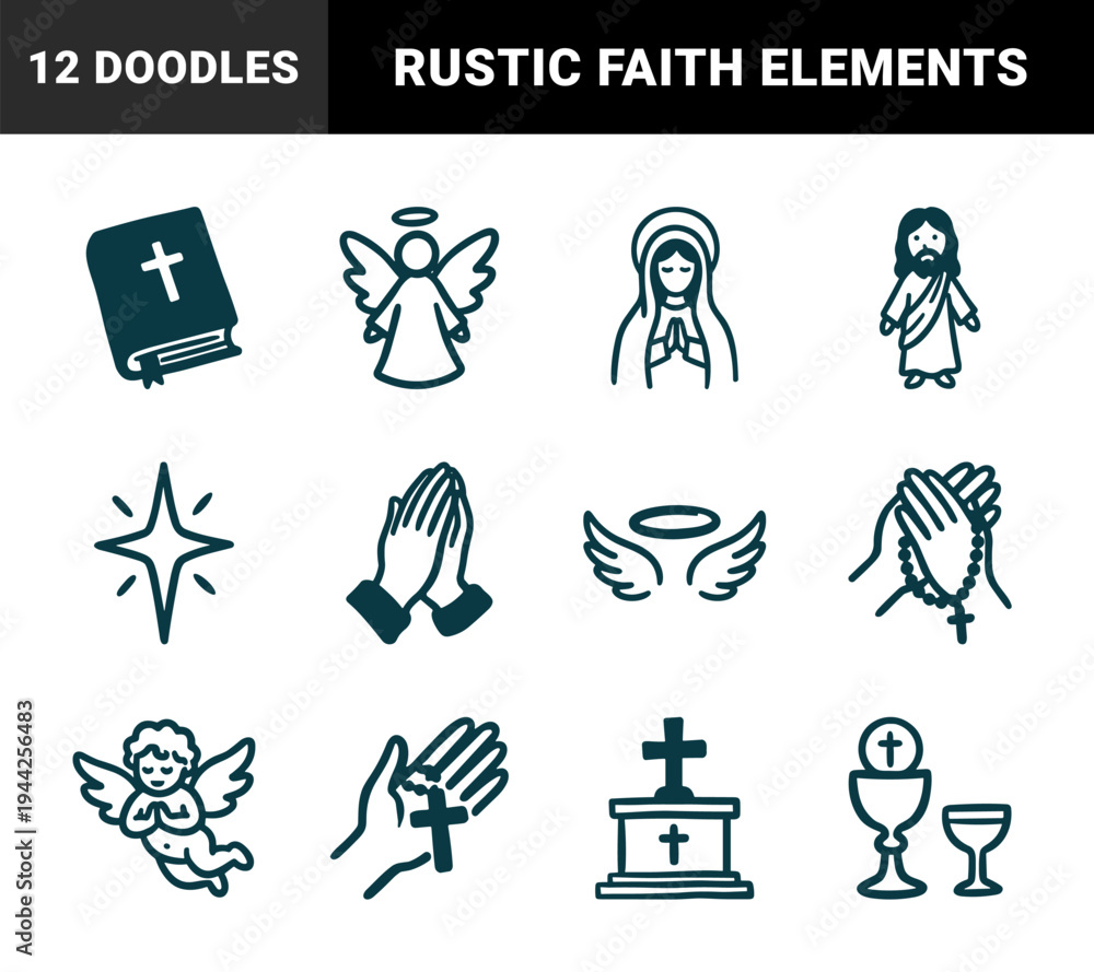 Naklejka premium Christian faith symbols for spiritual branding. Rustic hand-drawn minimalism featuring naive monoline illustrations of religious worship concepts.