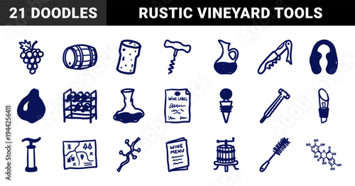 Rustic hand-drawn wine tasting and viticulture elements for organic branding. Naive marker sketches of sommelier tools and vineyard gear.