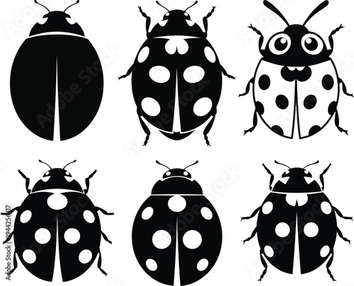 Six Black outline coloring book black and white ladybug illustrations with varying spots and expressions