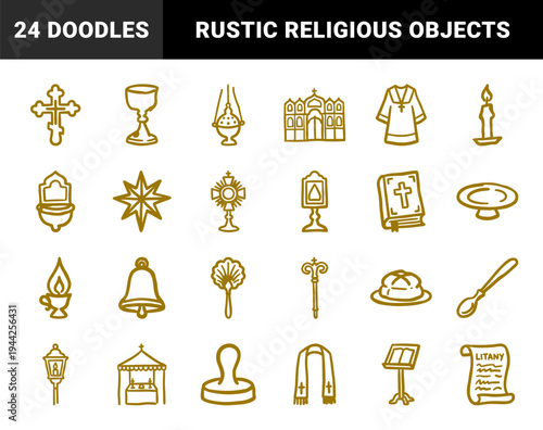 Orthodox and Catholic liturgical church elements for religious branding. Rustic, naive gold marker sketch illustrations of sacred christian objects.