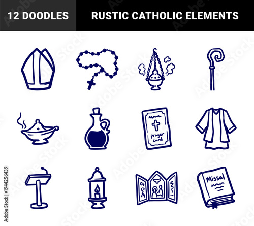 Catholic liturgical symbols and church artifacts for religious education. Rustic naive marker sketch featuring mitre, rosary, and missal items.