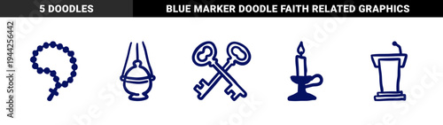 Religious and liturgical ceremony elements for church branding. Rustic hand-drawn blue doodles featuring rosary, keys, and incense burner.