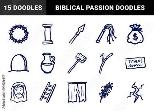 Passion of Christ religious elements for Easter storytelling. Naive marker sketch illustrations featuring biblical symbols like the crown of thorns.