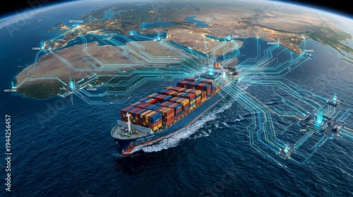 Digital Maritime Logistics with Cargo Ship Cargo Ship Maritime Logistics Digital Technology Shipping Ocean Trade Routes Container Ship. Concept featuring cargo ship, maritime logistics, digital tec...