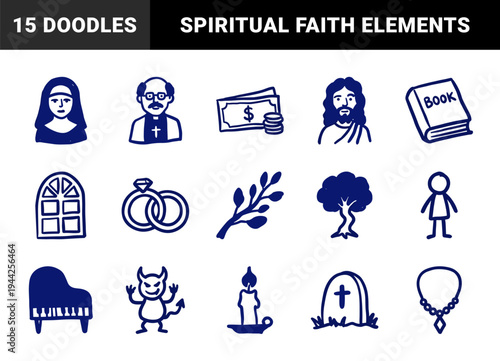 Religious faith and spiritual life elements for organic identity. Naive blue marker sketch illustrations of church, ritual, and moral concepts.