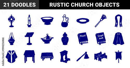 Catholic liturgical equipment and church ceremony elements for religious branding. Naive hand-drawn marker sketch illustrations featuring sacred worship objects.