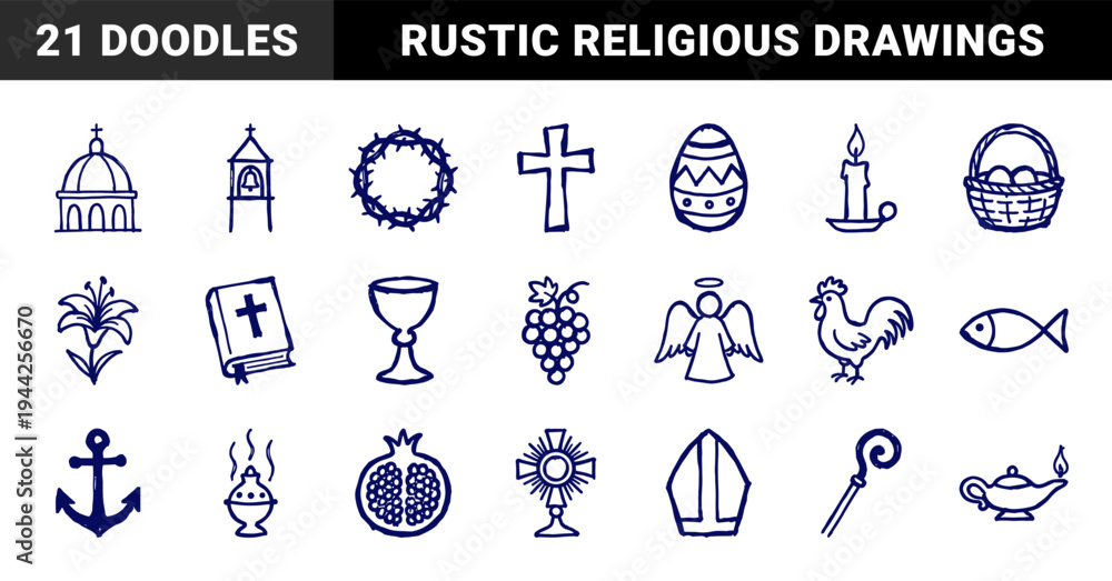 Obraz premium Christian and Easter religious symbols in a naive blue ink doodle style. Rustic marker sketch illustrations for church and spiritual branding.