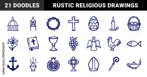 Christian and Easter religious symbols in a naive blue ink doodle style. Rustic marker sketch illustrations for church and spiritual branding.