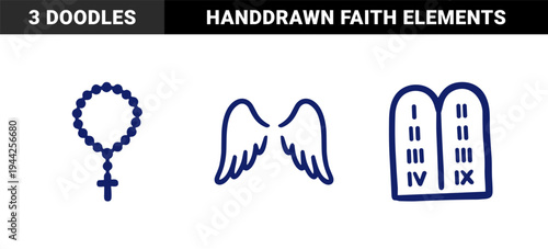 Religious faith symbols for spiritual branding. Naive blue doodle graphics of a rosary, angel wings, and stone tablets in a rustic marker style.